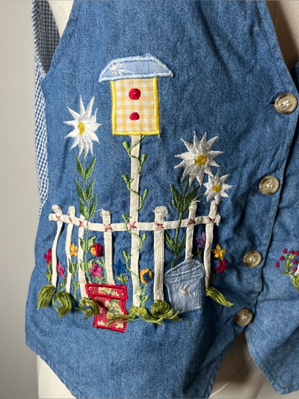90s Vintage Garden Embroidered Denim Button Front Vest Artsy Boho Cottagecore - Picture 4 of 9